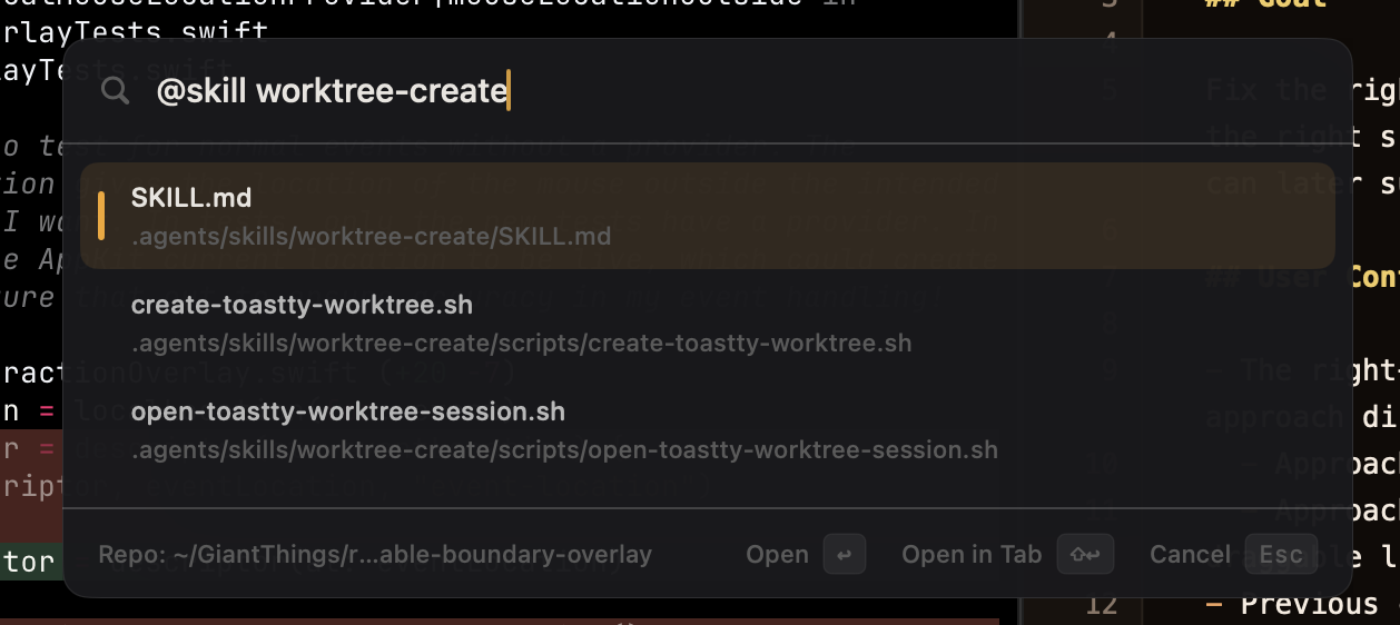 Toastty command palette filtering worktree-create skill files