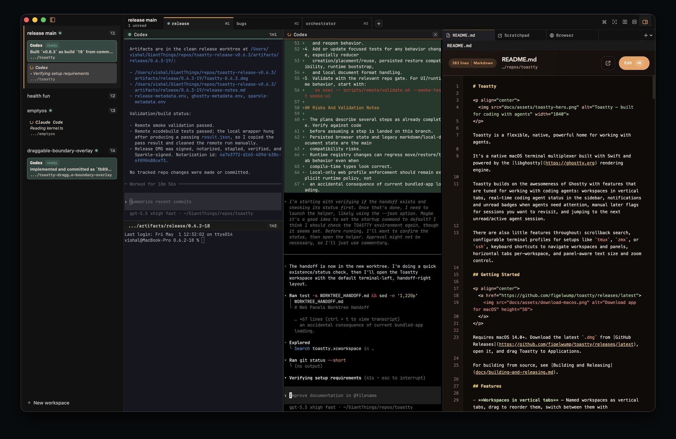 Toastty showing agent workspaces, terminal output, and a right-side document panel