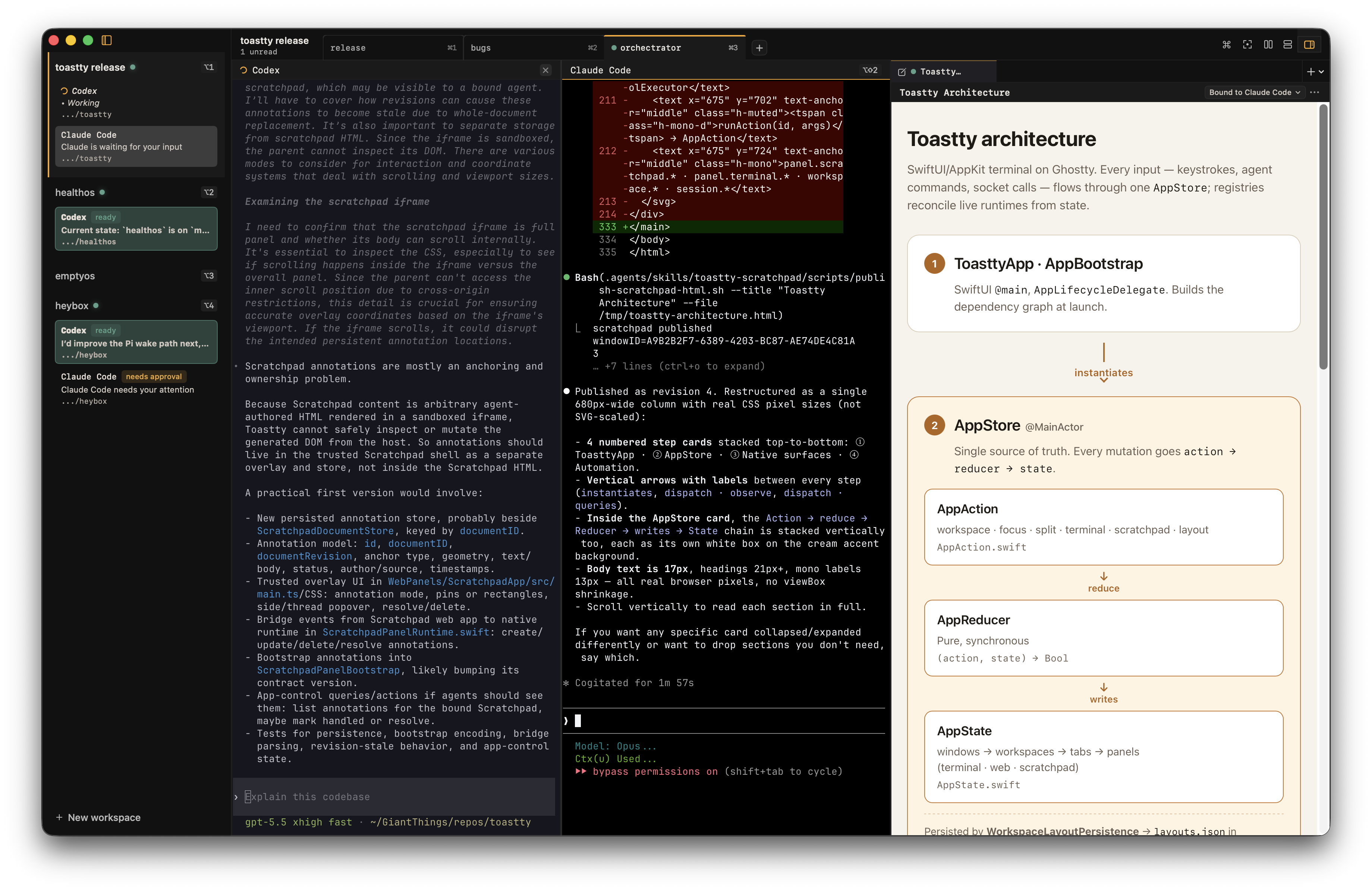 Toastty showing agent workspaces, terminal output, and a right-side document panel
