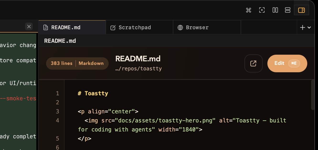 Toastty side panel showing README.md, scratchpad, and browser tabs
