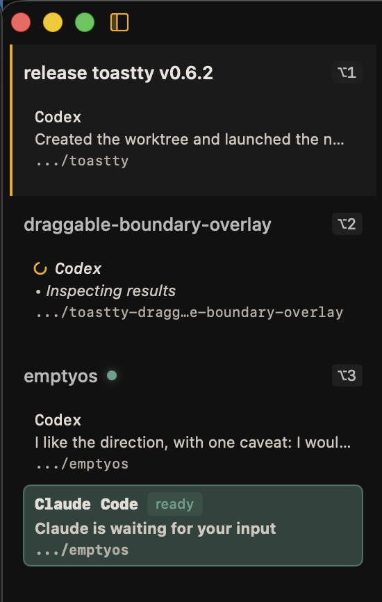 Toastty sidebar with workspaces and agent status rows